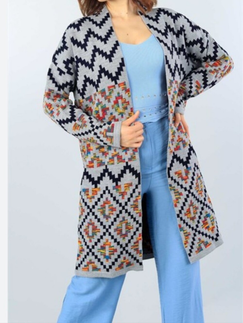 Debut brand open-front multicolor geometric Aztec Cardigan Sweater